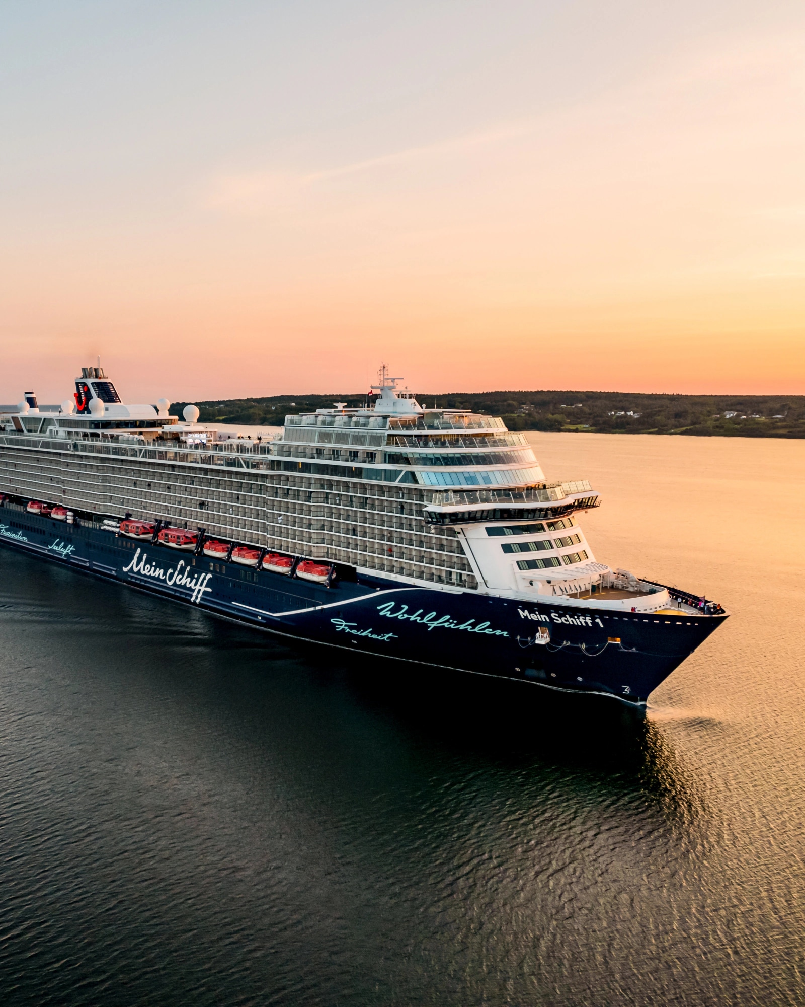 Mein Schiff 1 bei goldenem Sonnenuntergang auf See