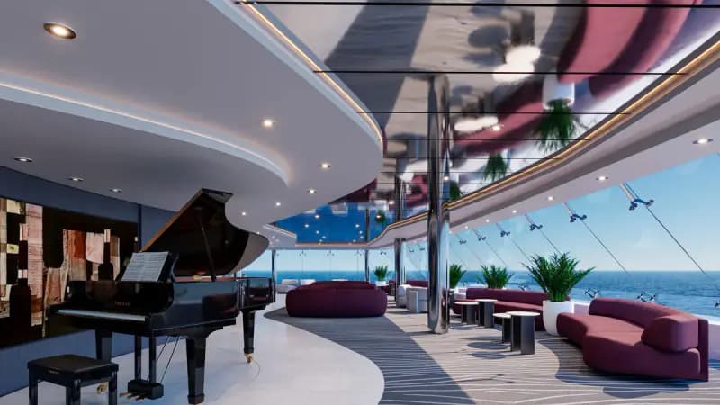MSC Poesia: Lounge mit Flügel, roten Sofas und Meerblick